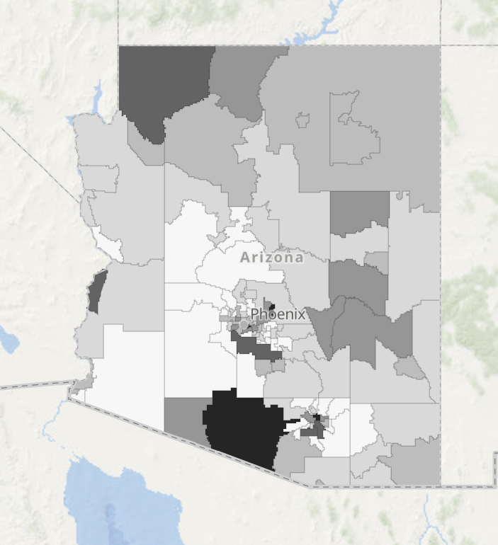 Map of Arizona with different shading